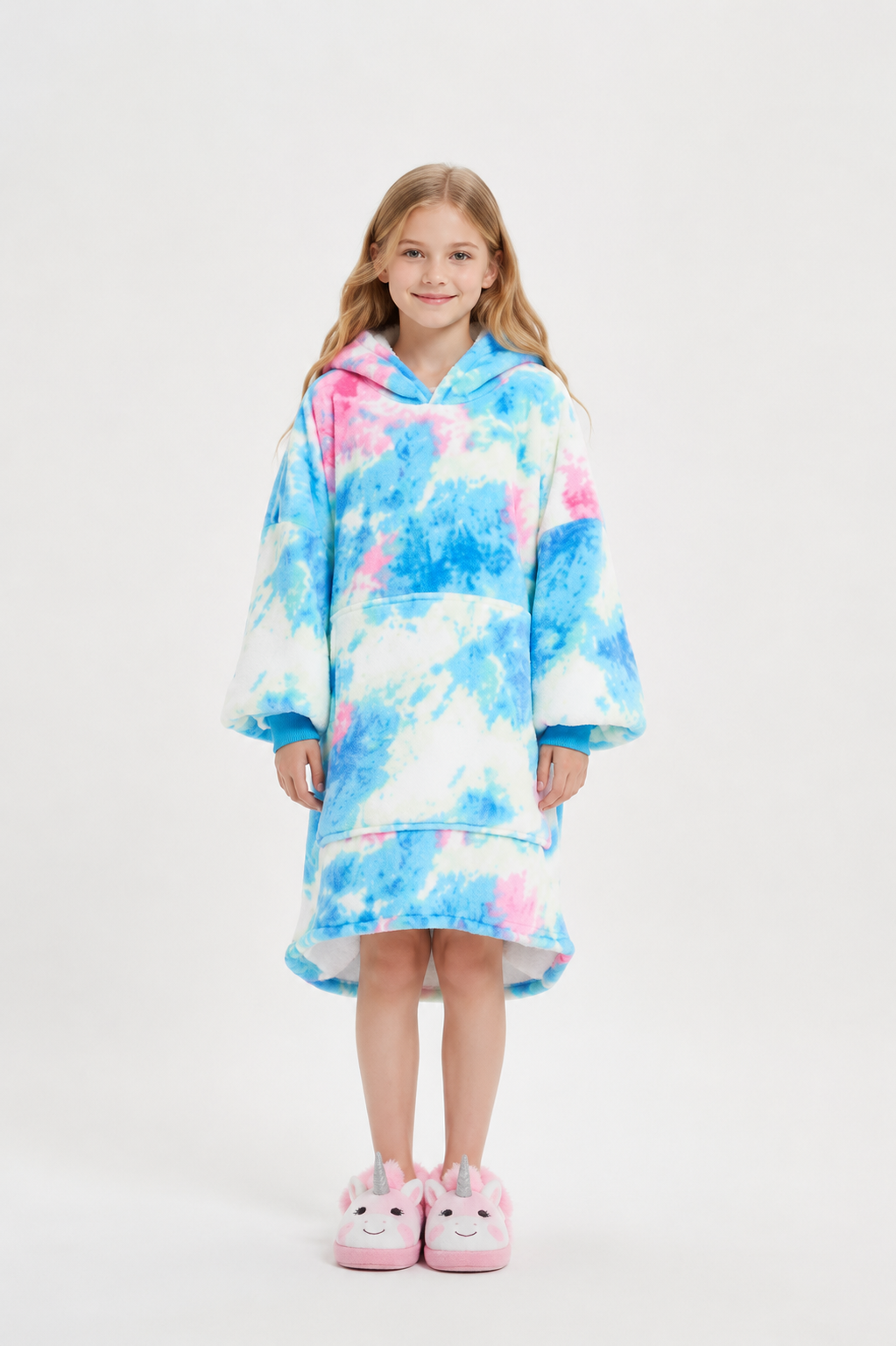 Kids Sherpa Hoodie Blue Pink Tie Dye – Oversized Wearable Blanket