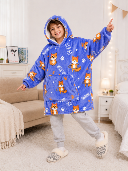 Kids Sherpa Hoodie Blue Fox Print – Oversized Wearable Blanket