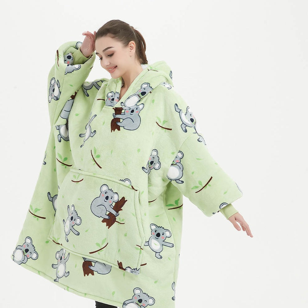 Kids Sherpa Hoodie Green Koala Print – Oversized Wearable Blanket