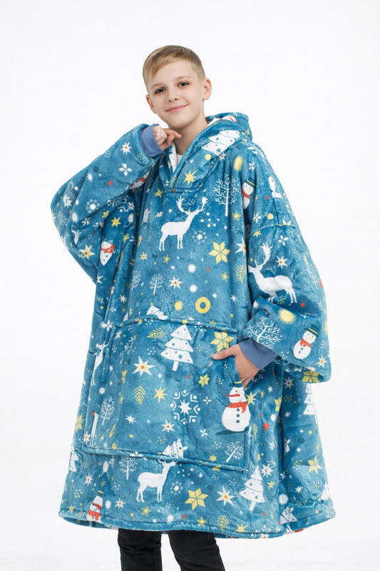 Kids Sherpa Hoodie Blue Christmas Print – Oversized Wearable Blanket