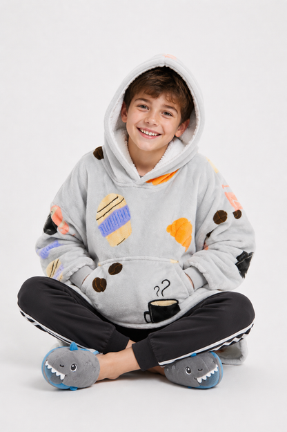 Kids Sherpa Hoodie Grey Coffee Print – Oversized Wearable Blanket