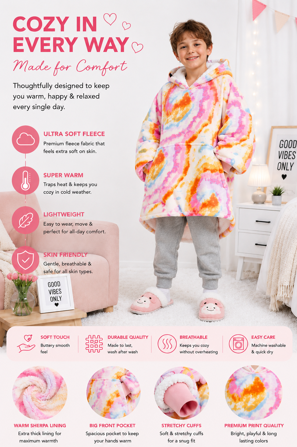 Kids Sherpa Hoodie Pastel Tie Dye – Oversized Wearable Blanket