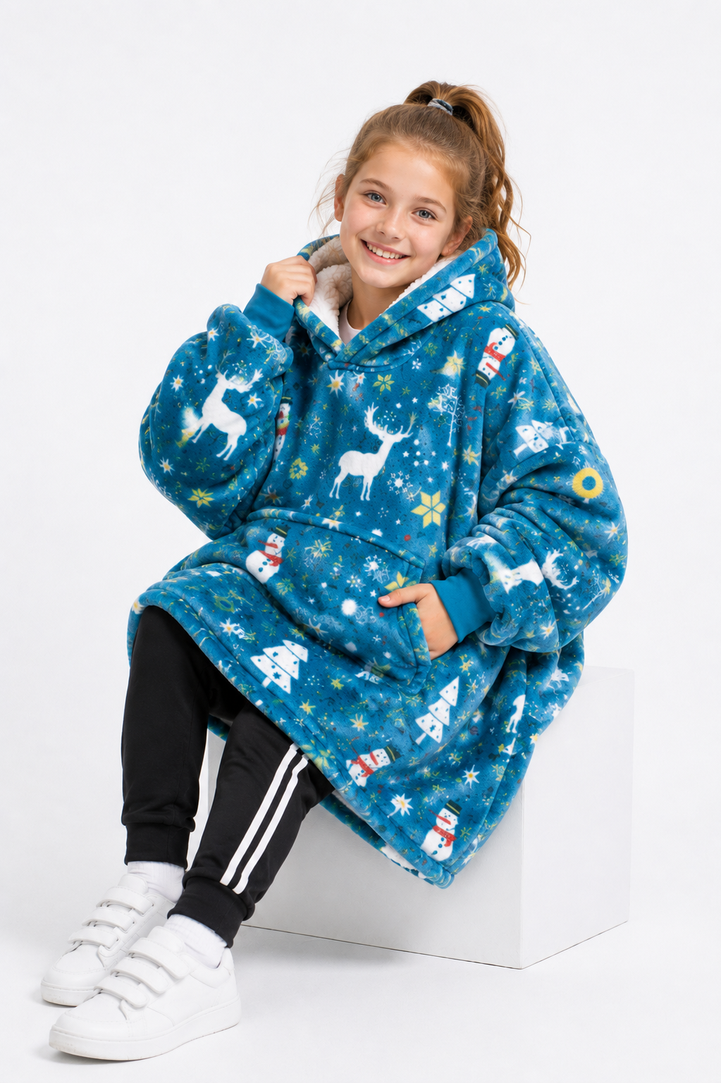 Kids Sherpa Hoodie Blue Christmas Print – Oversized Wearable Blanket
