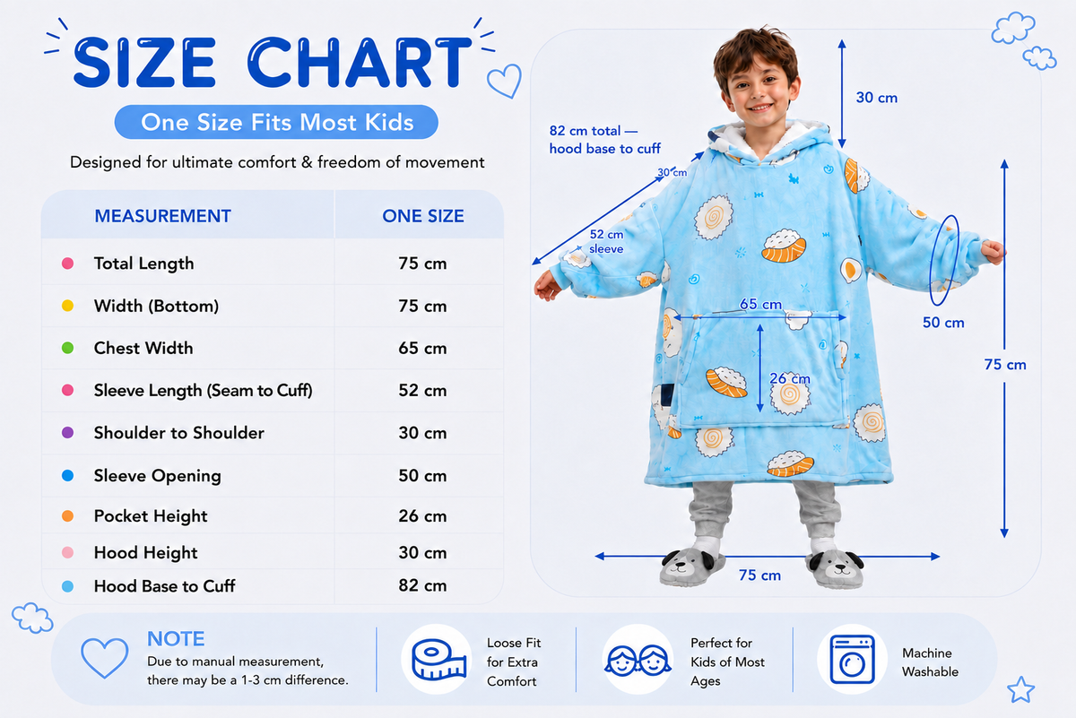 Kids Sherpa Hoodie Blue Sushi Print – Oversized Wearable Blanket