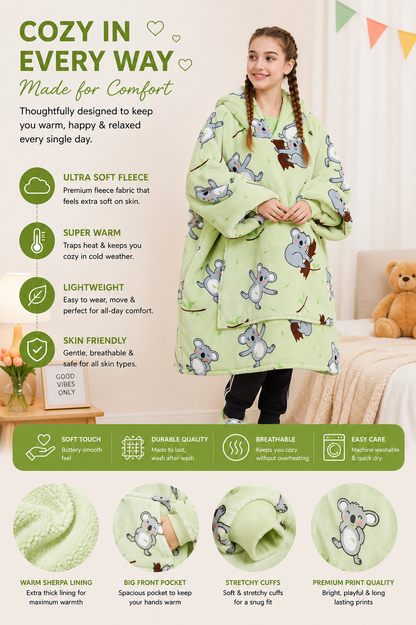 Kids Sherpa Hoodie Green Koala Print – Oversized Wearable Blanket