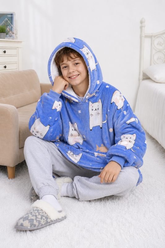 Kids Sherpa Hoodie Blue Cat Print – Oversized Wearable Blanket