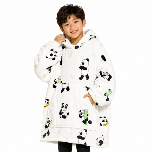 Kids panda sherpa hoodie oversized wearable blanket white fleece
