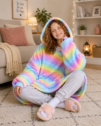 Kids Sherpa Hoodie Rainbow Stripe Print – Oversized Wearable Blanket
