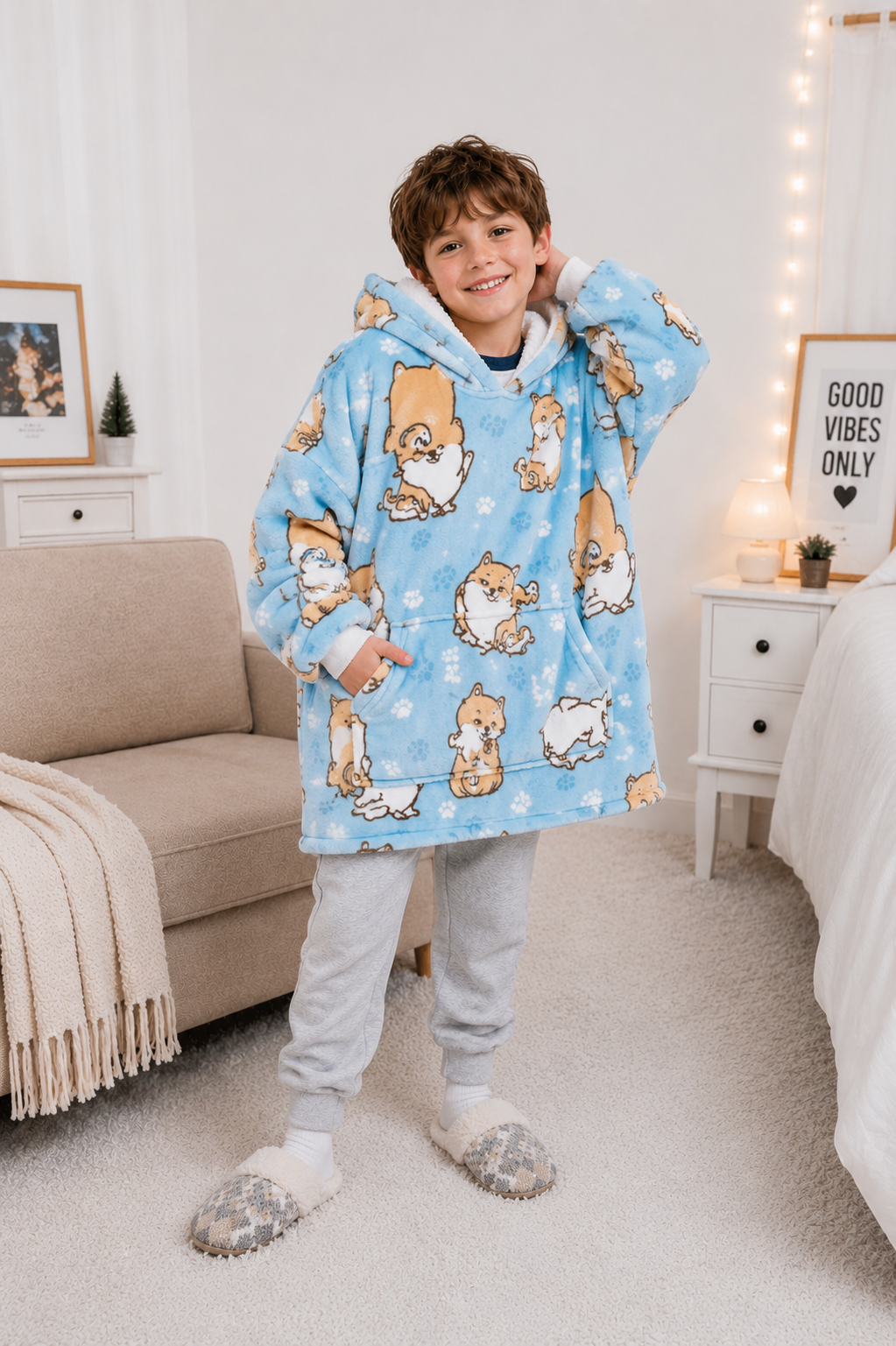 Kids Sherpa Hoodie Blue Dog Print – Oversized Wearable Blanket