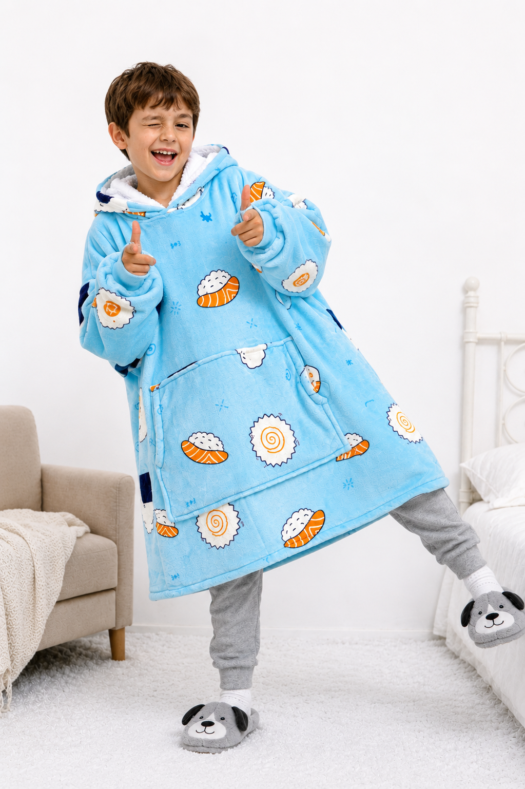 Kids Sherpa Hoodie Blue Sushi Print – Oversized Wearable Blanket
