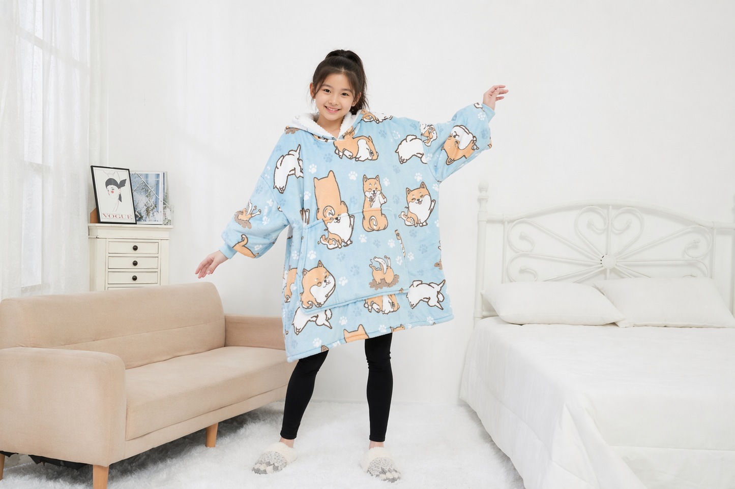 Kids Sherpa Hoodie Blue Dog Print – Oversized Wearable Blanket