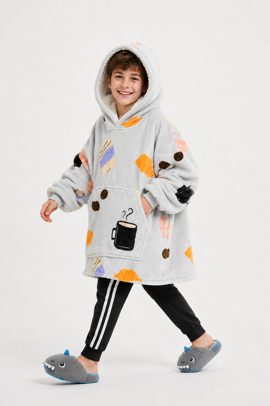 Kids Sherpa Hoodie Grey Coffee Print – Oversized Wearable Blanket