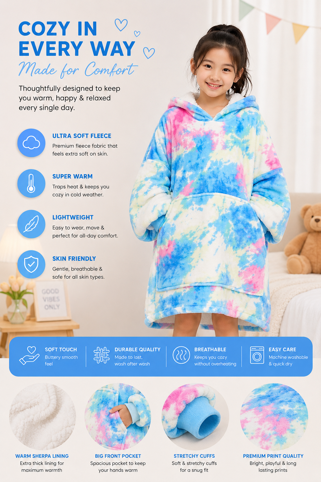 Kids Sherpa Hoodie Blue Pink Tie Dye – Oversized Wearable Blanket