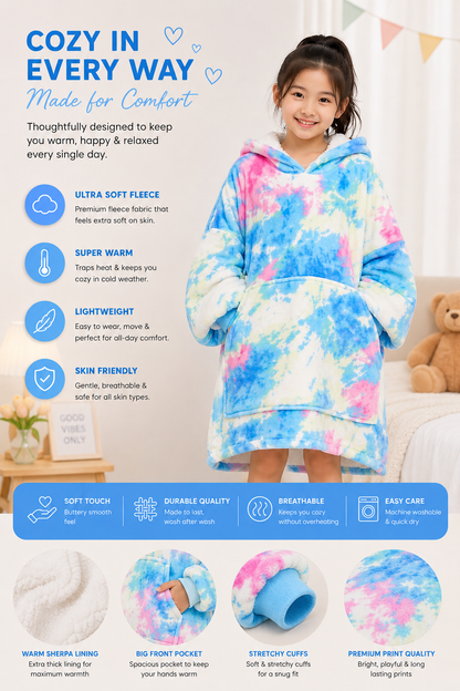 Kids Sherpa Hoodie Blue Pink Tie Dye – Oversized Wearable Blanket
