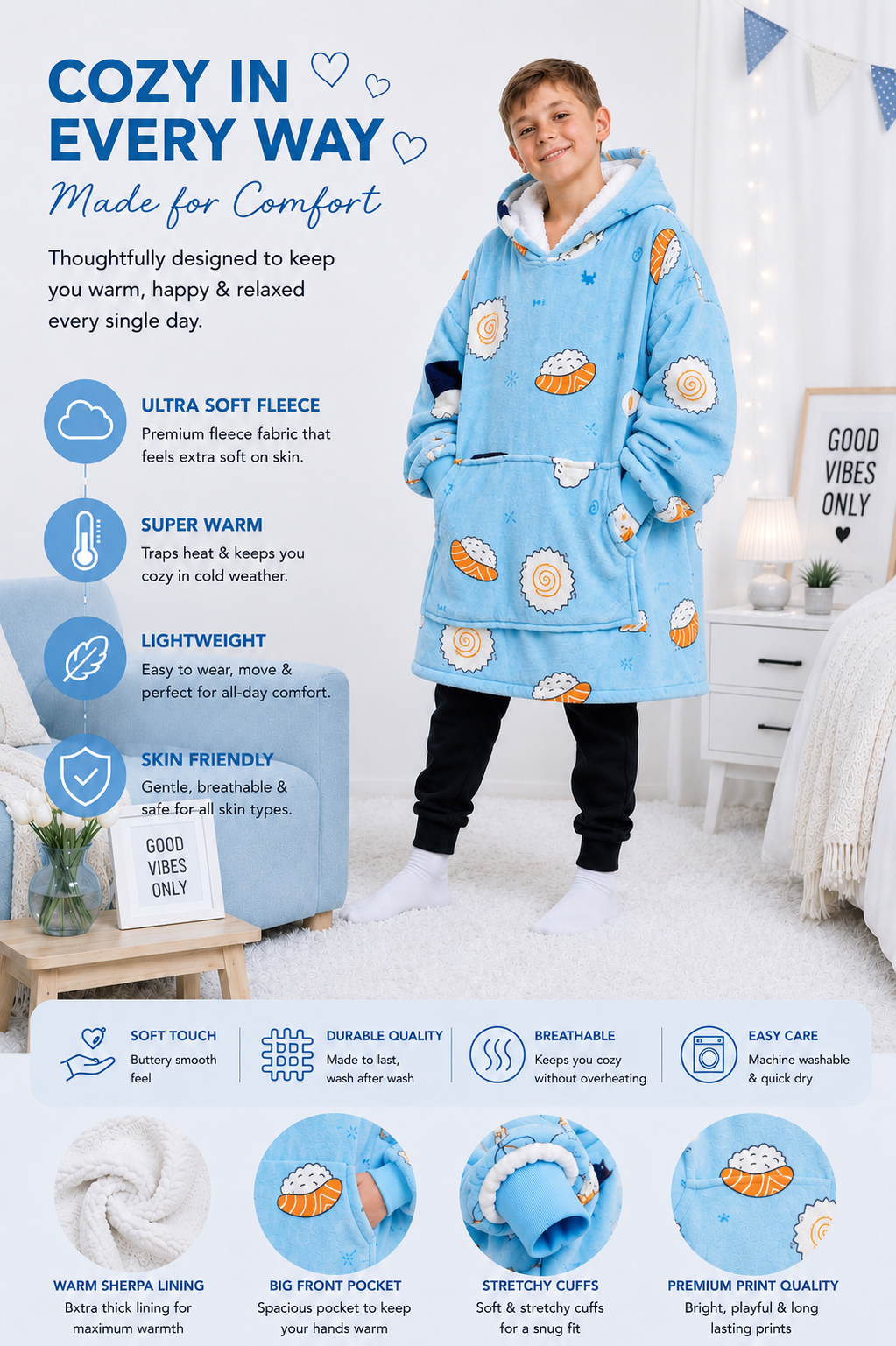 Kids Sherpa Hoodie Blue Sushi Print – Oversized Wearable Blanket