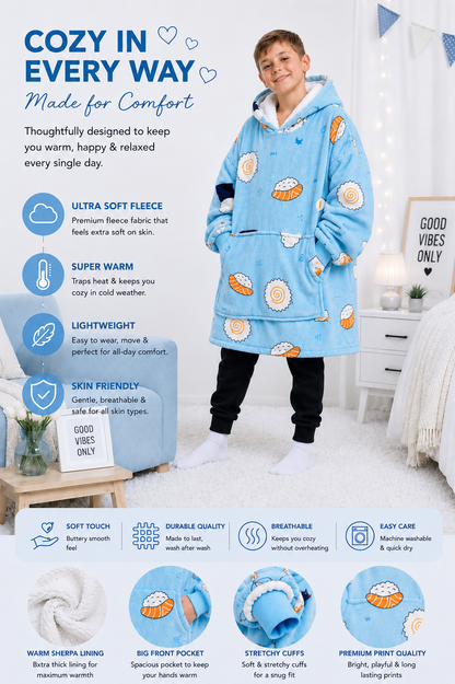 Kids Sherpa Hoodie Blue Sushi Print – Oversized Wearable Blanket