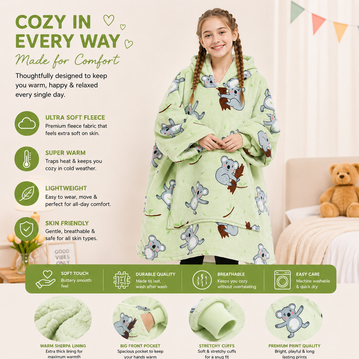 Kids Sherpa Hoodie Green Koala Print – Oversized Wearable Blanket