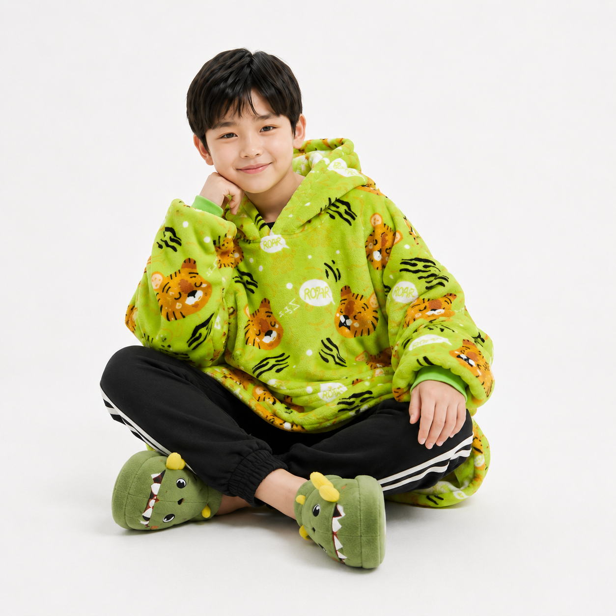 Kids Sherpa Hoodie Green Tiger Print – Oversized Wearable Blanket