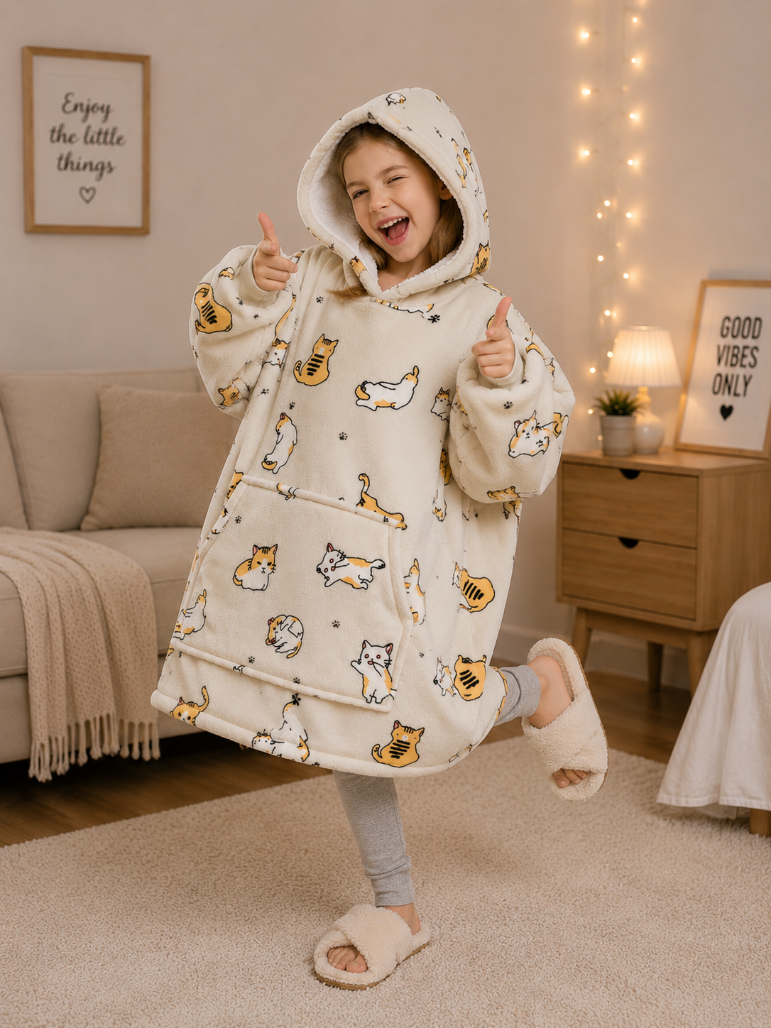 Kids Sherpa Hoodie Beige Cat Print – Oversized Wearable Blanket