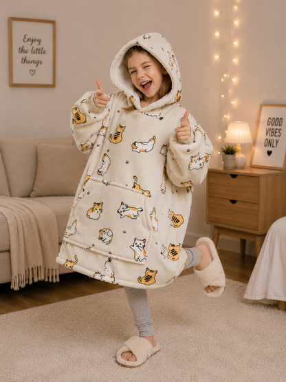 Kids Sherpa Hoodie Beige Cat Print – Oversized Wearable Blanket