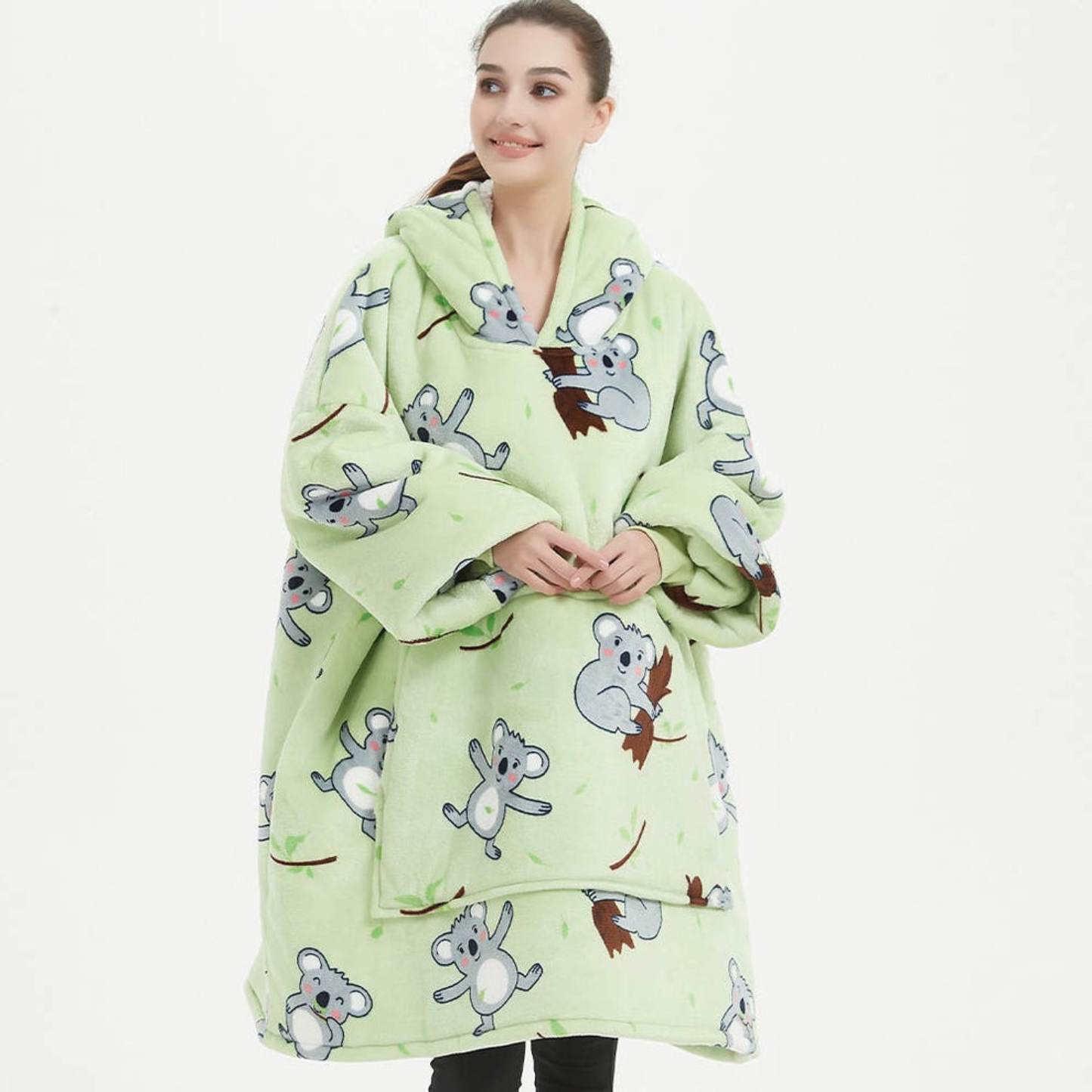 Kids Sherpa Hoodie Green Koala Print – Oversized Wearable Blanket
