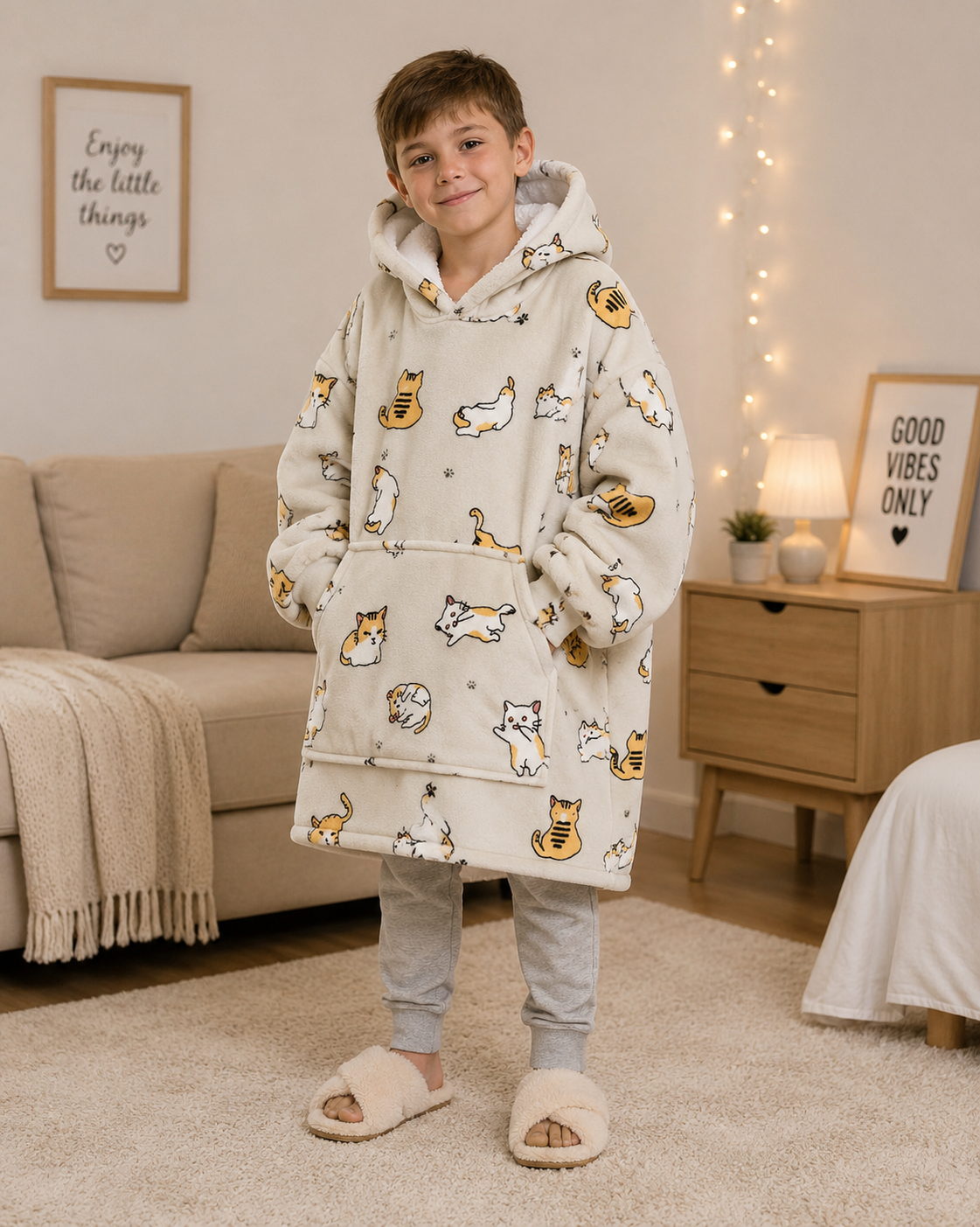 Kids Sherpa Hoodie Beige Cat Print – Oversized Wearable Blanket