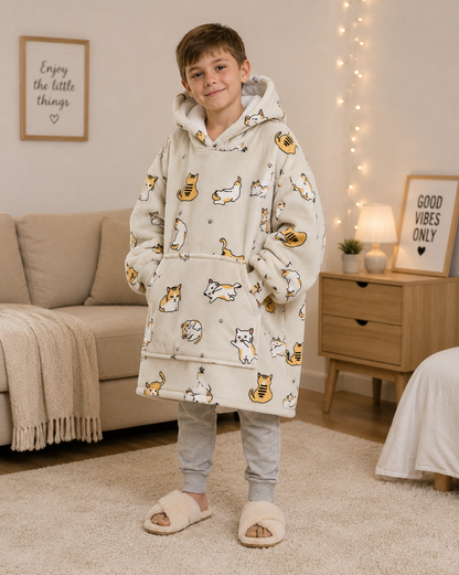 Kids Sherpa Hoodie Beige Cat Print – Oversized Wearable Blanket