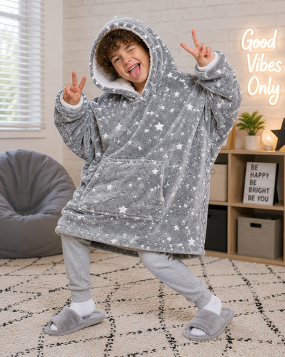 Kids Sherpa Hoodie Grey Star Print – Oversized Wearable Blanket