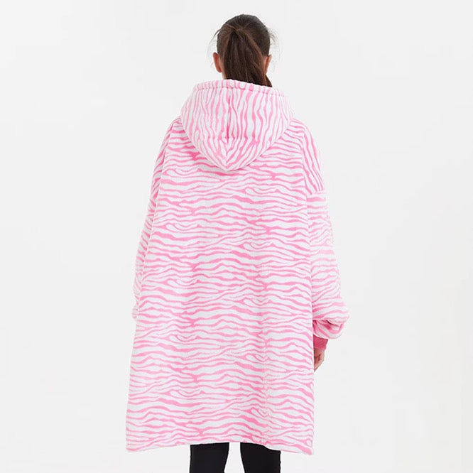 Kids Sherpa Hoodie Pink Zebra Print – Oversized Wearable Blanket
