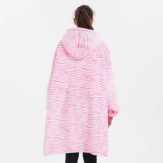 Kids Sherpa Hoodie Pink Zebra Print – Oversized Wearable Blanket