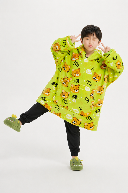 Kids Sherpa Hoodie Green Tiger Print – Oversized Wearable Blanket