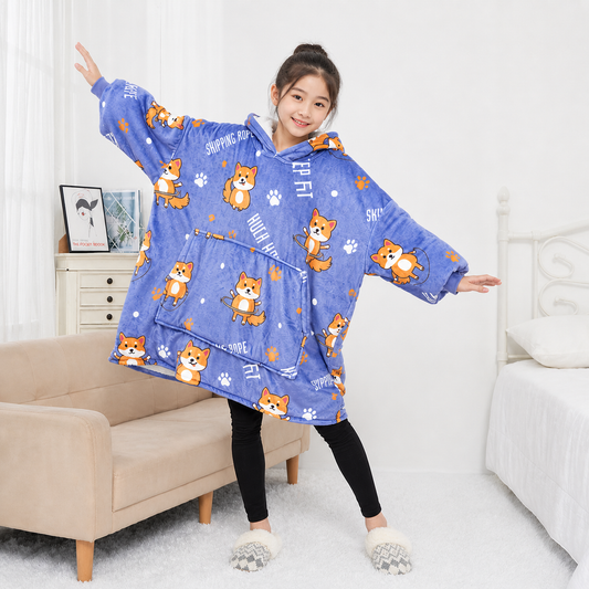 Kids Sherpa Hoodie Blue Fox Print – Oversized Wearable Blanket