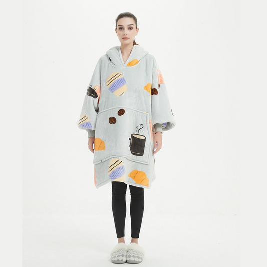 Kids Sherpa Hoodie Grey Coffee Print – Oversized Wearable Blanket