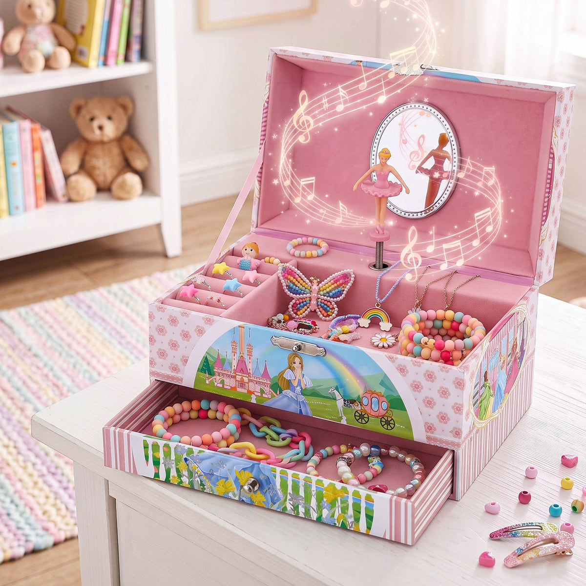 Keezi Kids Jewellery Box Organiser for Girls Kids Music Box with Drawer