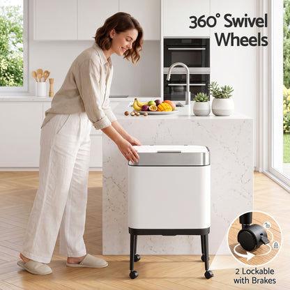 Cefito 40L Press Top Trash Can Kitchen Rubbish Bin Moblie Stainless Steel White