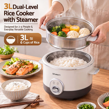 Devanti 3L Rice Cooker Small 6 Cup Multi Cooker with Steamer