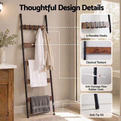 Devanti 5-Tier Blanket Ladder with Anti-Tip Kit, Towel Rack for Bathroom, Quilt Rack with 5 Hooks for Clothes and Bags, Black Metal and Rustic Wood Leaning Ladder Shelf, 44x160cm