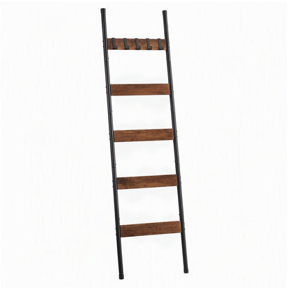 Devanti 5-Tier Blanket Ladder with Anti-Tip Kit, Towel Rack for Bathroom, Quilt Rack with 5 Hooks for Clothes and Bags, Black Metal and Rustic Wood Leaning Ladder Shelf, 44x160cm