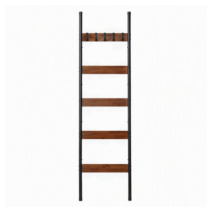 Devanti 5-Tier Blanket Ladder with Anti-Tip Kit, Towel Rack for Bathroom, Quilt Rack with 5 Hooks for Clothes and Bags, Black Metal and Rustic Wood Leaning Ladder Shelf, 44x160cm