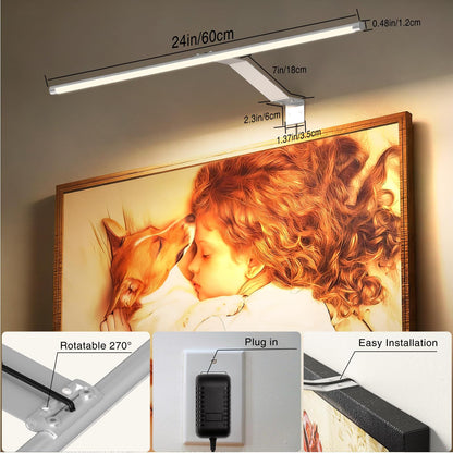 Picture Light for Wall Plug in 24inch, Dimmable LED Art Photo Light with Remote, 3000K Warm White Wall Lights with On/Off Switch Display for Picture, Gallery, Painting, Frame (Silver)