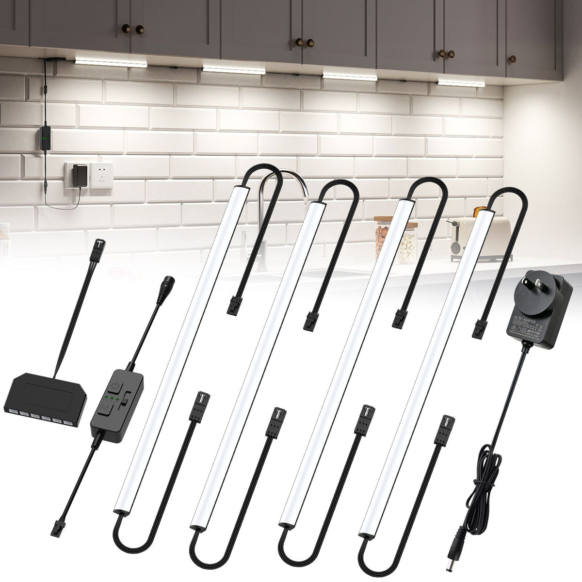 Under Cabinet Lighting, Timer & CCT 2700-6000K with Slider Dimmer, Plug-in 12Inch 12W Lights for Curio Cabinet, Kitchen, Bookshelf (4 Bars Kit)