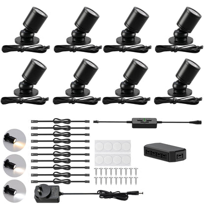Dimmable LED Mini Spotlight, 12V CCT 2700K-6000K, Adjustable for Display, Cabinet, Showcase, Artwork, 360° Rotatable Accent Lighting, Surface Mount with Slider Dimmer & Adapter (CCT, 8Pack)