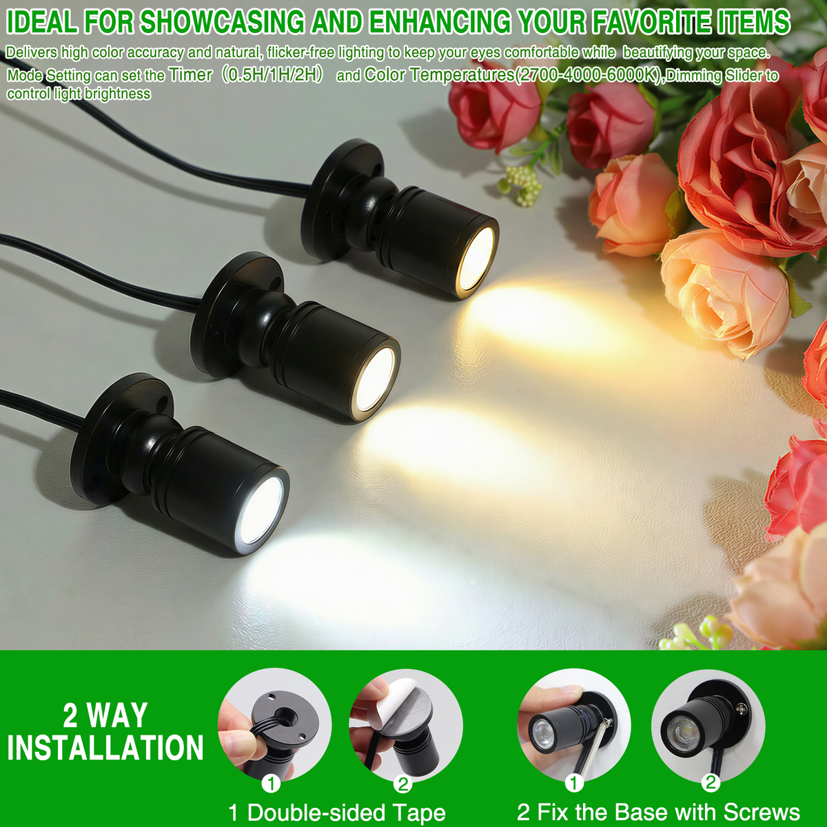 Dimmable LED Mini Spotlight, 12V CCT 2700K-6000K, Adjustable for Display, Cabinet, Showcase, Artwork, 360° Rotatable Accent Lighting, Surface Mount with Slider Dimmer & Adapter (CCT, 8Pack)