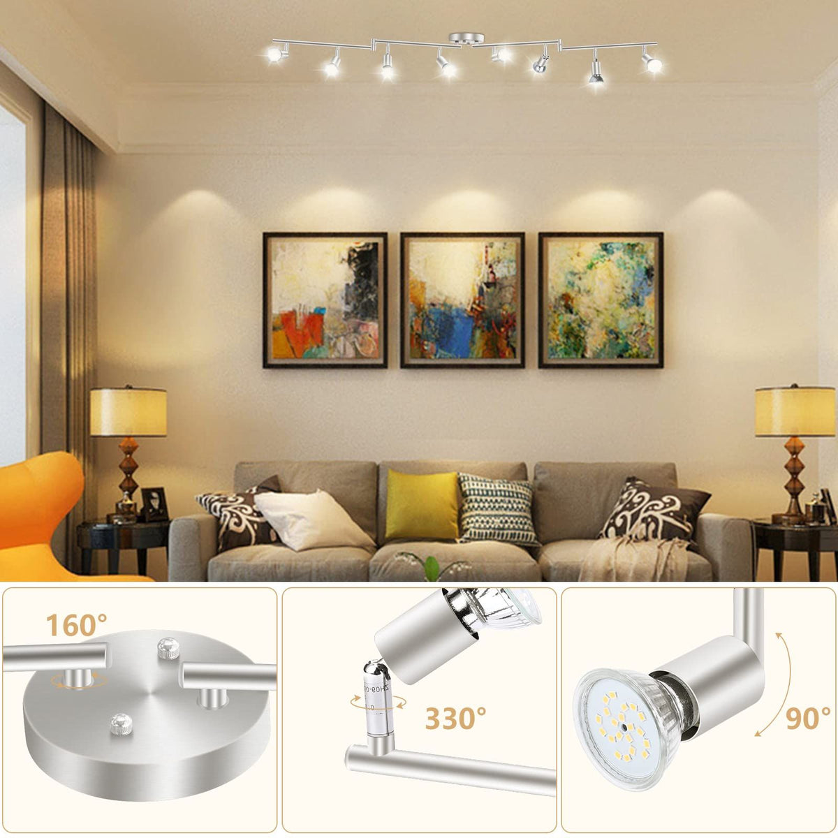 8 Lights LED Track Lighting Kit, Foldable Ceiling Spot Lighting with Flexibly Rotatable Head, Track Light for Kitchen Hallway Room Closet, GU10 Bulbs Not Included (Brush Nickel 8 Heads)