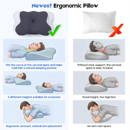 Cervical Pillow with Memory Foam, Ergonomic Contour Neck Support, 2-in-1 Dual Height, Pressure Relief, Grey