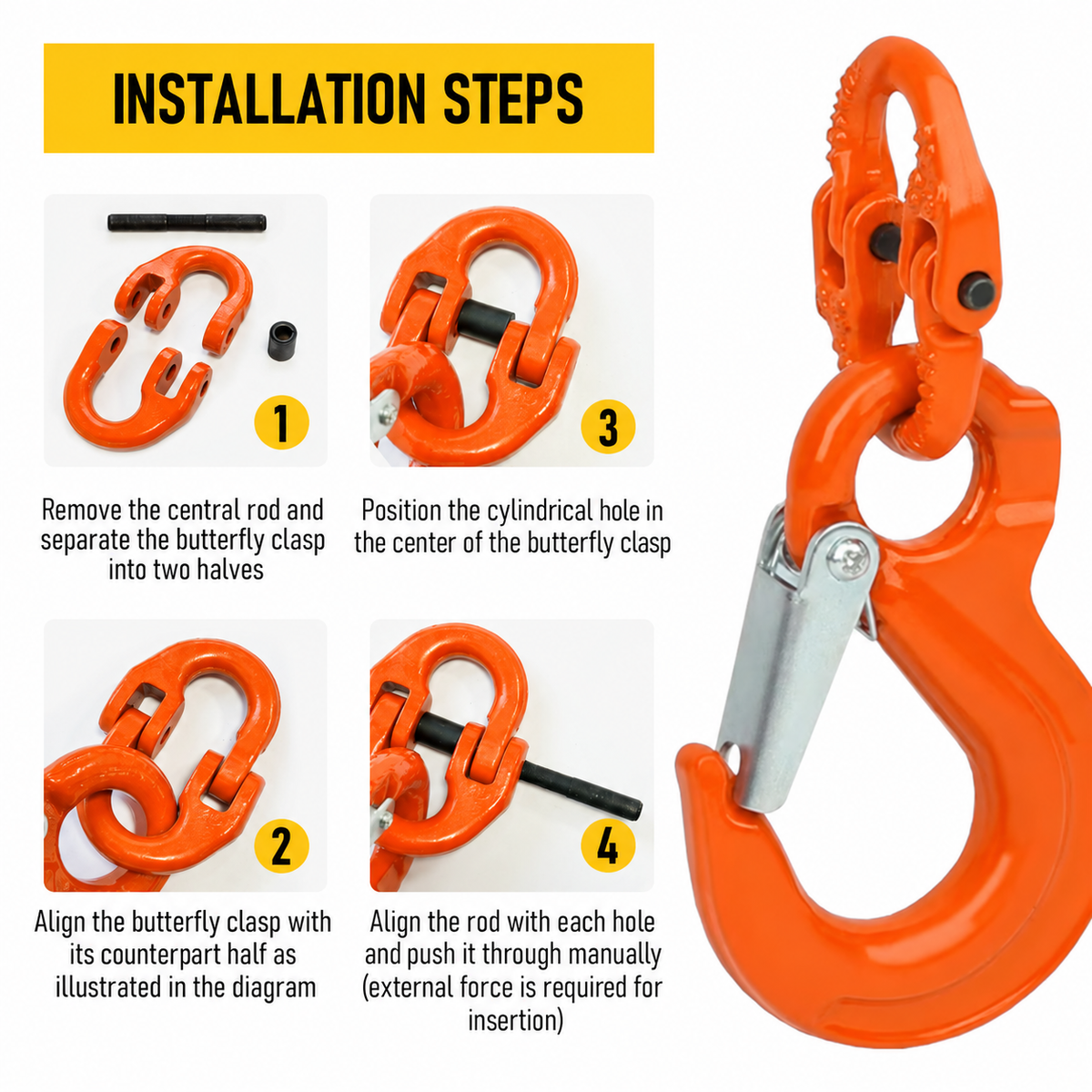 1.12T Sling Hook & Hammerlock Kit, 2 Sets Heavy Duty Trailer Safety Chain Hooks for Caravan, Camper & Boat Trailers-Orange