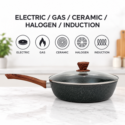 28cm PFOA Free Non-Stick Saute Pan with Lid, Marble-Effect Non-Stick Coating, Induction Compatible, Soft-Touch Handle, Dishwasher Safe