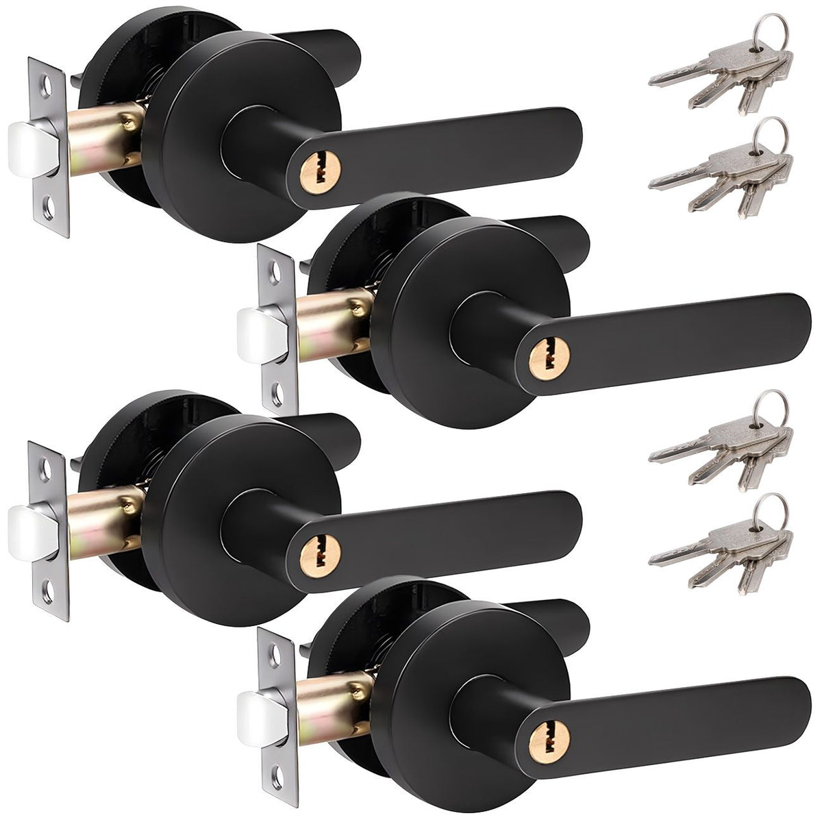 Privacy Door Lever Handle with Key, Heavy Duty Interior Door Lock, Round Design, 4 Pack, Matte Black
