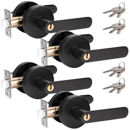 Privacy Door Lever Handle with Key, Heavy Duty Interior Door Lock, Round Design, 4 Pack, Matte Black