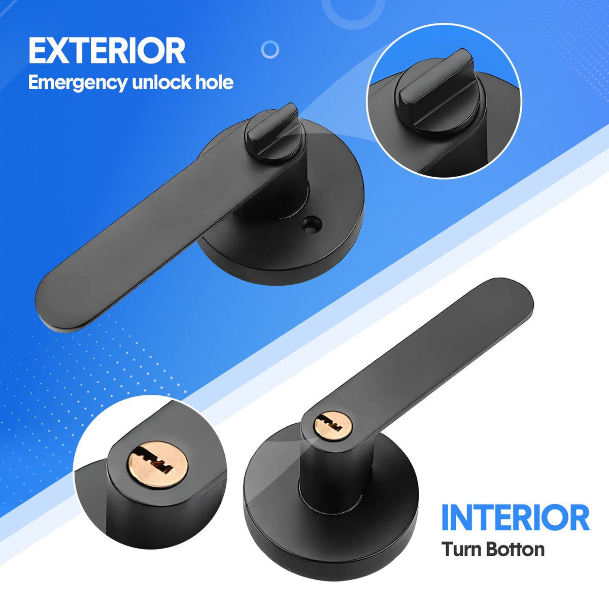 2 Pack Privacy Door Lever Handle with Key, Heavy Duty Interior Door Lock, Round Design, Matte Black